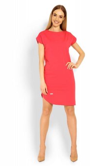 1629C Asymetryczna sukienka z krótkim rękawem koralL #L/XL